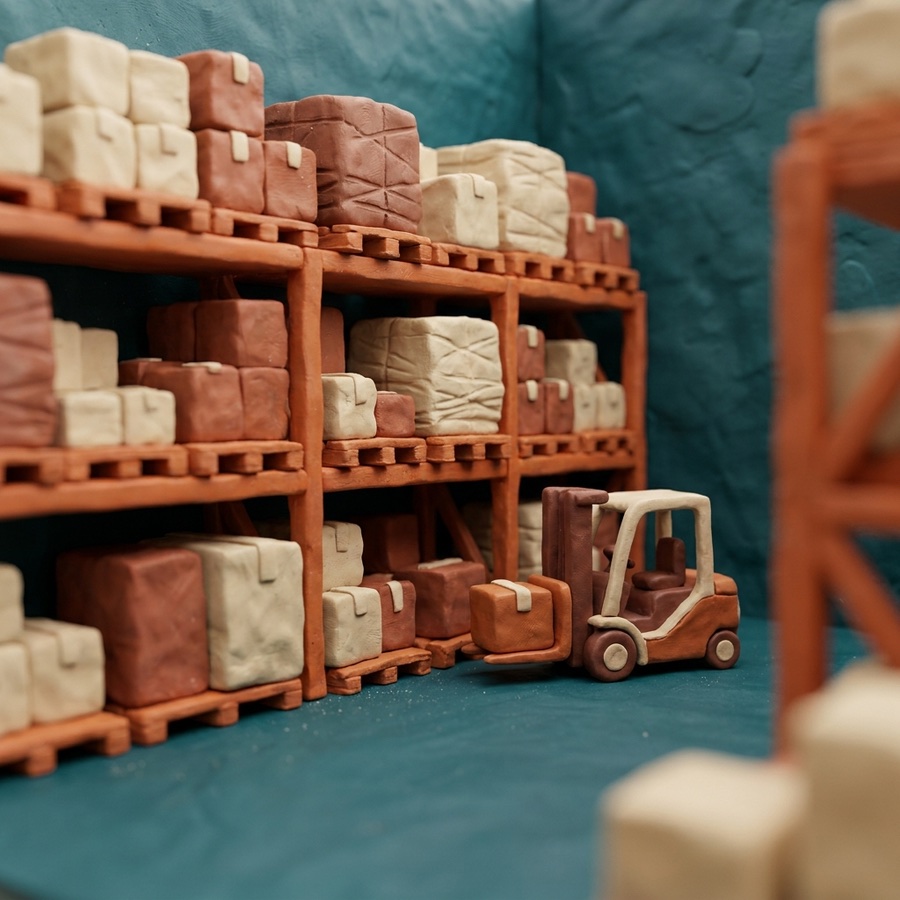 Claymation miniature: three levels of clay warehouse pallet racking stacked with cream and sienna clay cartons and wrapped pallets, a small clay forklift parked at the base.
