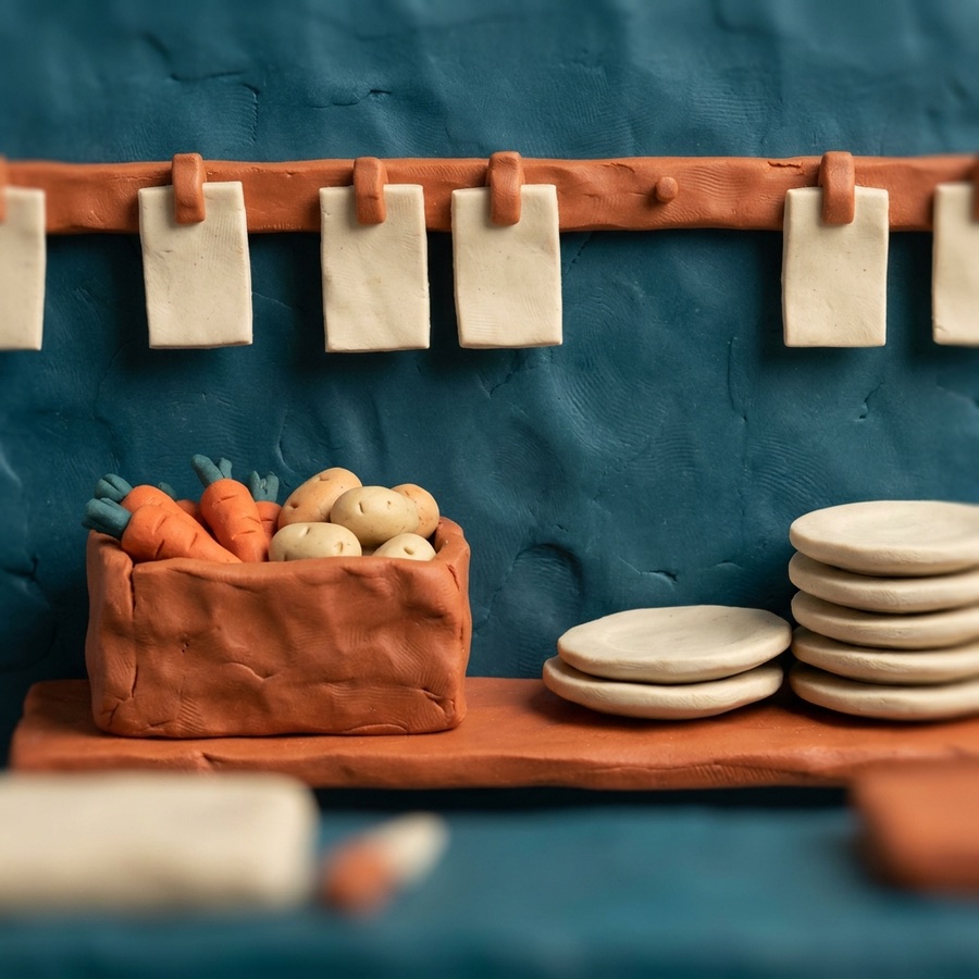 Claymation miniature: a clay kitchen pass with blank order slips clipped along a ticket rail, above a clay crate of vegetables and a tall stack of clay plates.