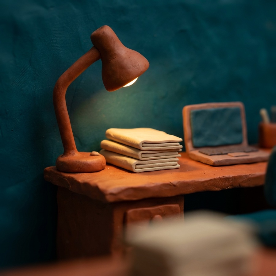 Claymation miniature: a clay desk lamp arched over a neat stack of clay file folders and a small closed laptop, casting a warm pool of light across the clay desktop.