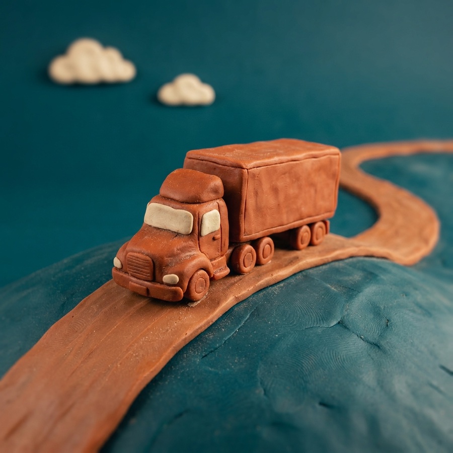 Claymation miniature: a burnt sienna clay semi truck with a box trailer cresting a rolling clay hill on a winding road, small cream clay clouds in a deep teal sky.